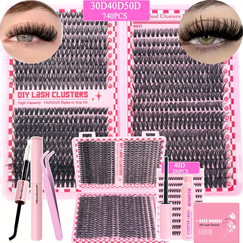 Eyelash Extension Equipment - 740/200pcsCluster Eyelash Extension Kit, 2-in-1 Lash